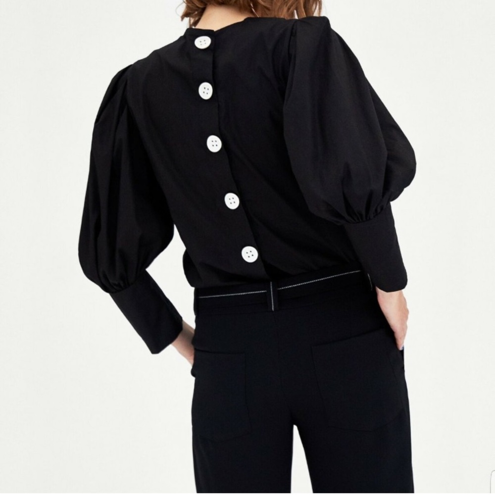 Zara Black Blouse with Puff Sleeves and White Buttons - size m